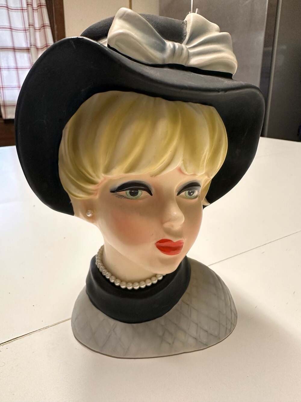 Vintage Napcoware Lady Head Vase Planter Black Hat Blonde Pearls C7498
